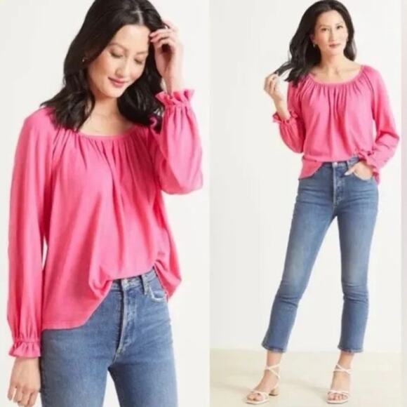 Sundry Gathered Raglan Long Sleeve Top Hot Pink Size 1 Small Pleated Loose Fit - Picture 2 of 10